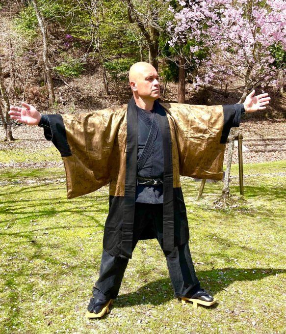 Antique Haori soie noire Maruni UmeBachi Montsuki Sakura Guruma homme 