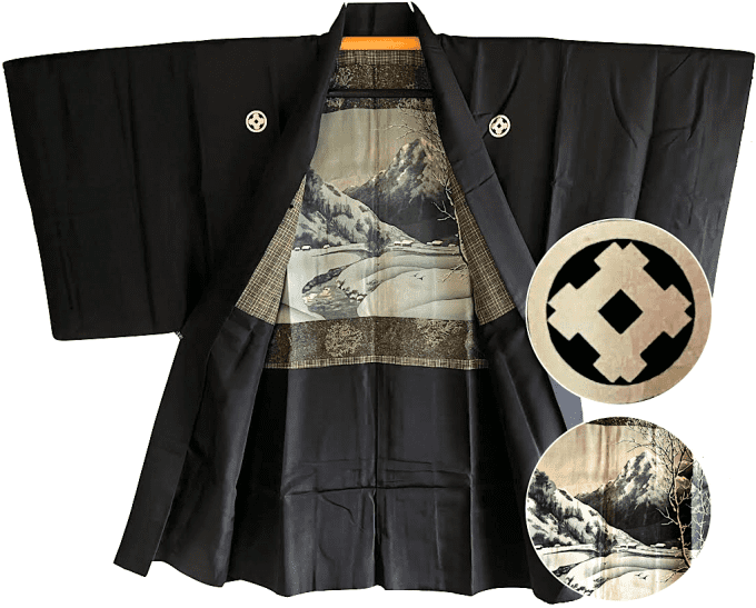 Antique haori japonais soie noire Montsuki Nihon Keikoku Vallée japonaise homme  