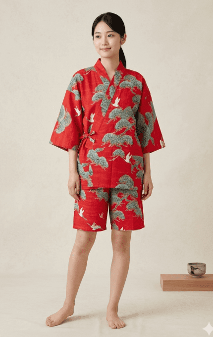 Jinbei japonais femme Matsu Tsuru  (Pin & Grue)  Made in Japan 