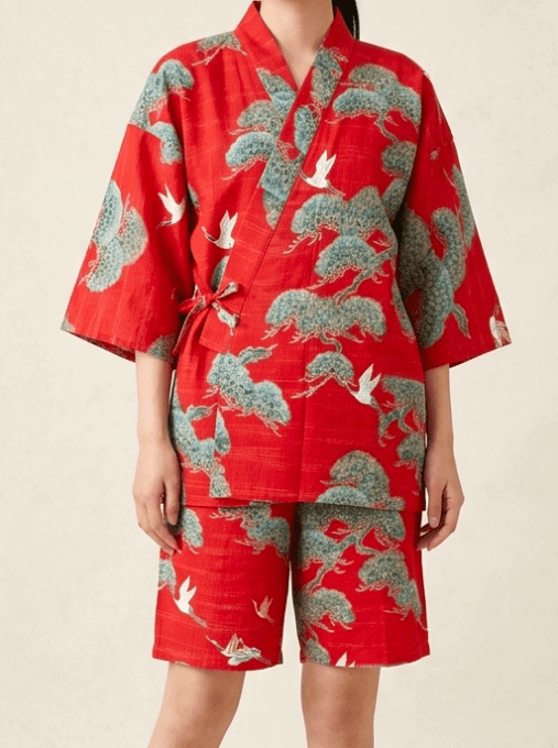 Jinbei japonais femme Matsu Tsuru  (Pin & Grue)  Made in Japan 