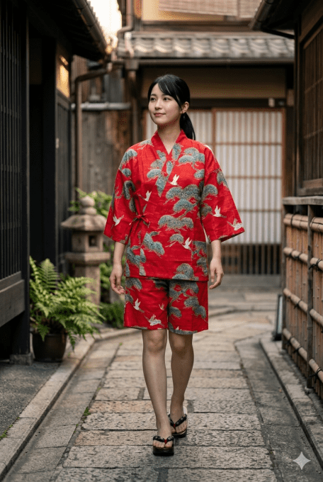 Jinbei japonais femme Matsu Tsuru  (Pin & Grue)  Made in Japan 