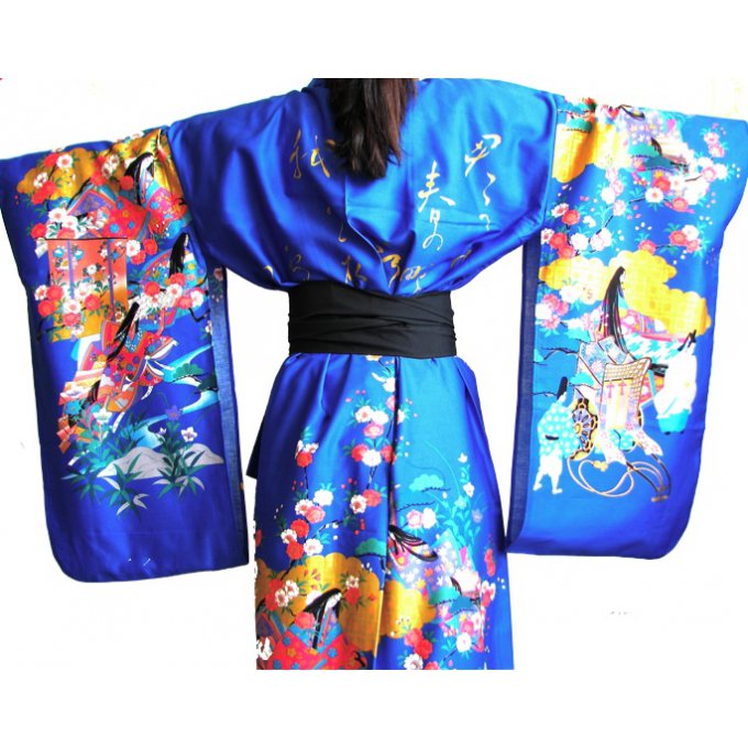 Kimono japonais O hanami Kinmoji Yuzen coton satin femme "Made in Japan"