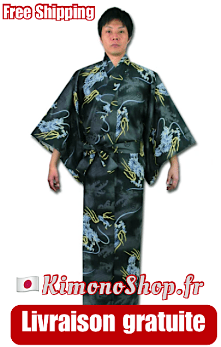 Yukata Dragon noir coton homme 