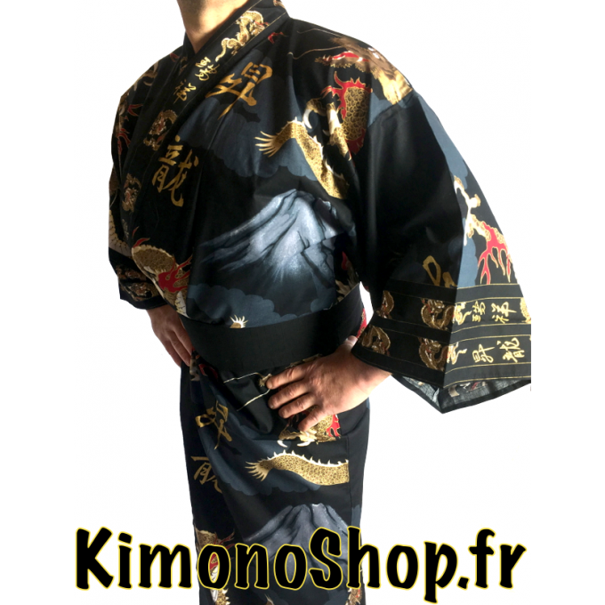 Yukata Fuji To Ryu noir homme Taille Kimono "Made in Japan"