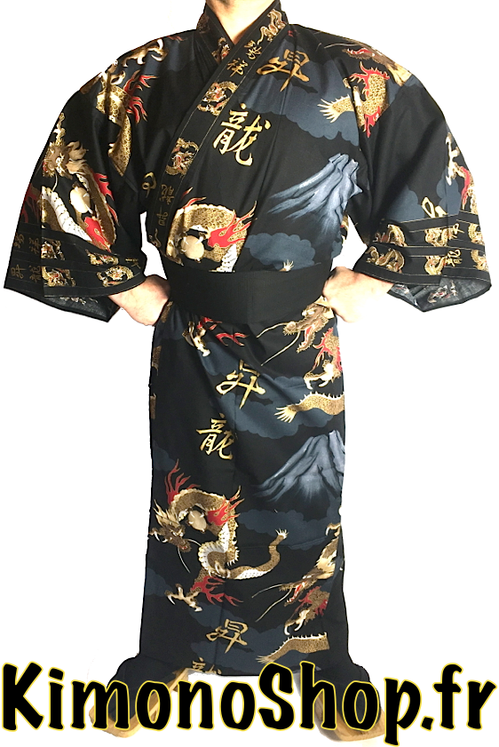 Yukata Fuji To Ryu noir homme Taille Kimono "Made in Japan"