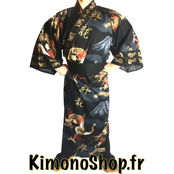 Yukata Fuji To Ryu noir homme Taille Kimono "Made in Japan"