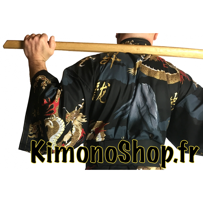 Yukata Fuji To Ryu noir homme Taille Kimono "Made in Japan"