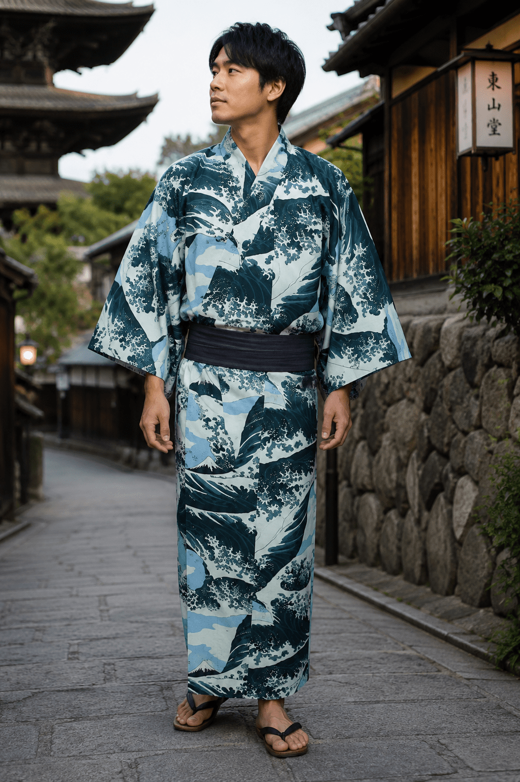 Yukata japonais Nami Hokusai (Vague japonaise) noir homme "Made in Japan"