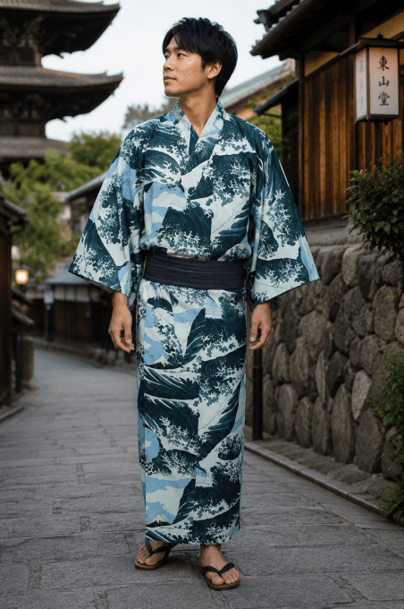 Yukata japonais Nami Hokusai (Vague japonaise) noir homme "Made in Japan"