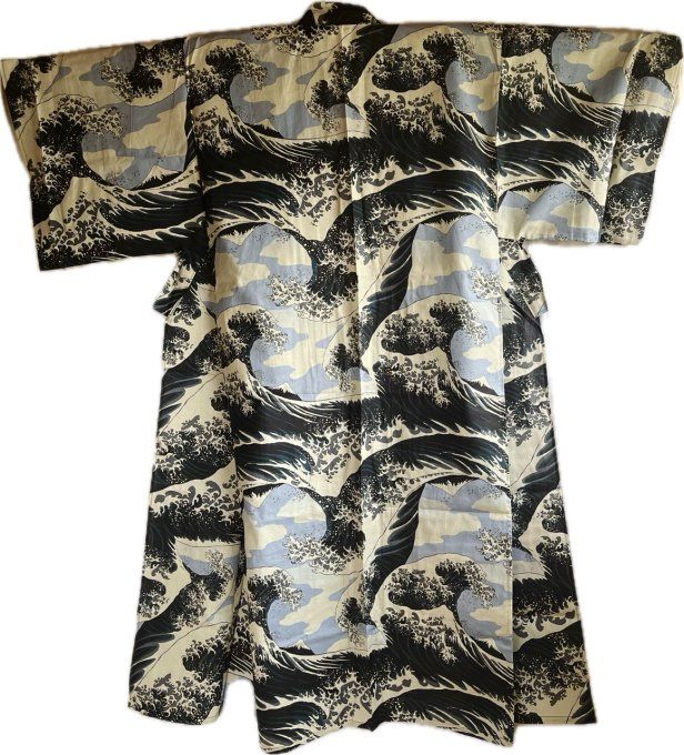 Yukata japonais Nami Hokusai noir homme Taille 64" (185cm) Made in Japan" 