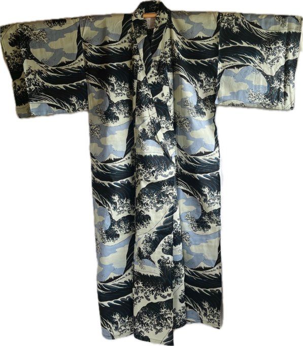 Yukata japonais Nami Hokusai noir homme Taille 64" (185cm) Made in Japan" 