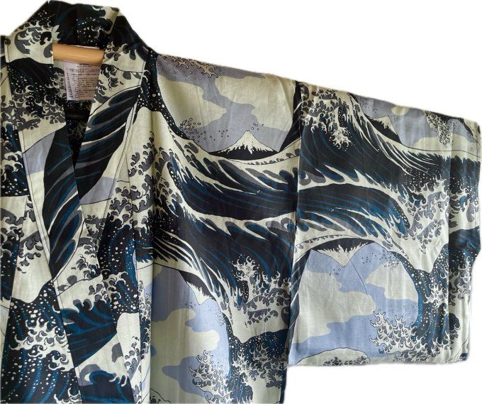 Yukata japonais Nami Hokusai noir homme Taille 64" (185cm) Made in Japan" 