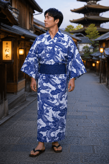 Yukata japonais Ryu  Dragon bleu marine homme "Made in Japan" 