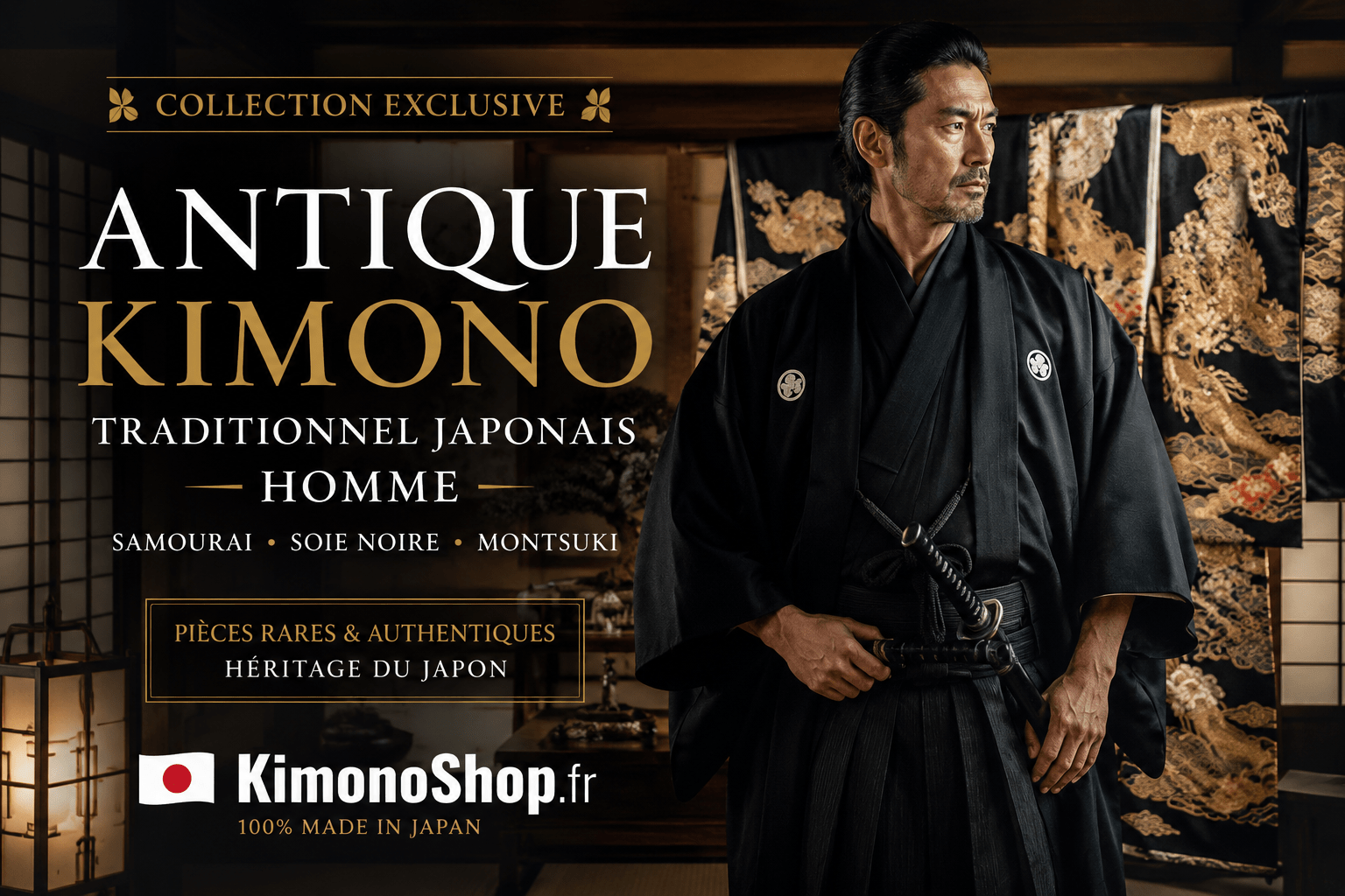 Antique kimono traditionnel japonais soie noire Montsuki homme