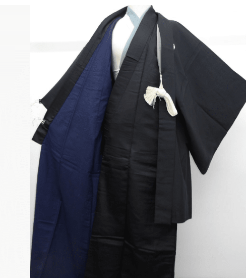 Ensemble Kimono & Haori Japonais Homme – Soie noire Habutae – 5 Kamon Umebachi