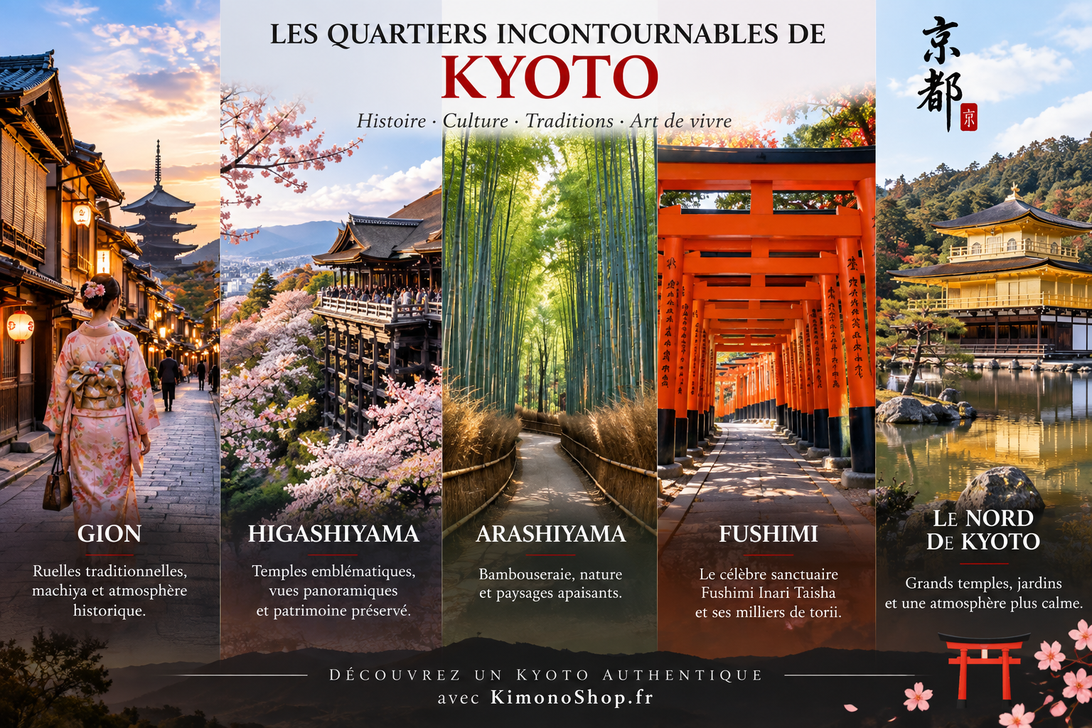 Les quartiers incontournables de Kyoto Les quartiers incontournables de Kyoto : Gion, Higashiyama, Arashiyama, Fushimi et nord de Kyoto
