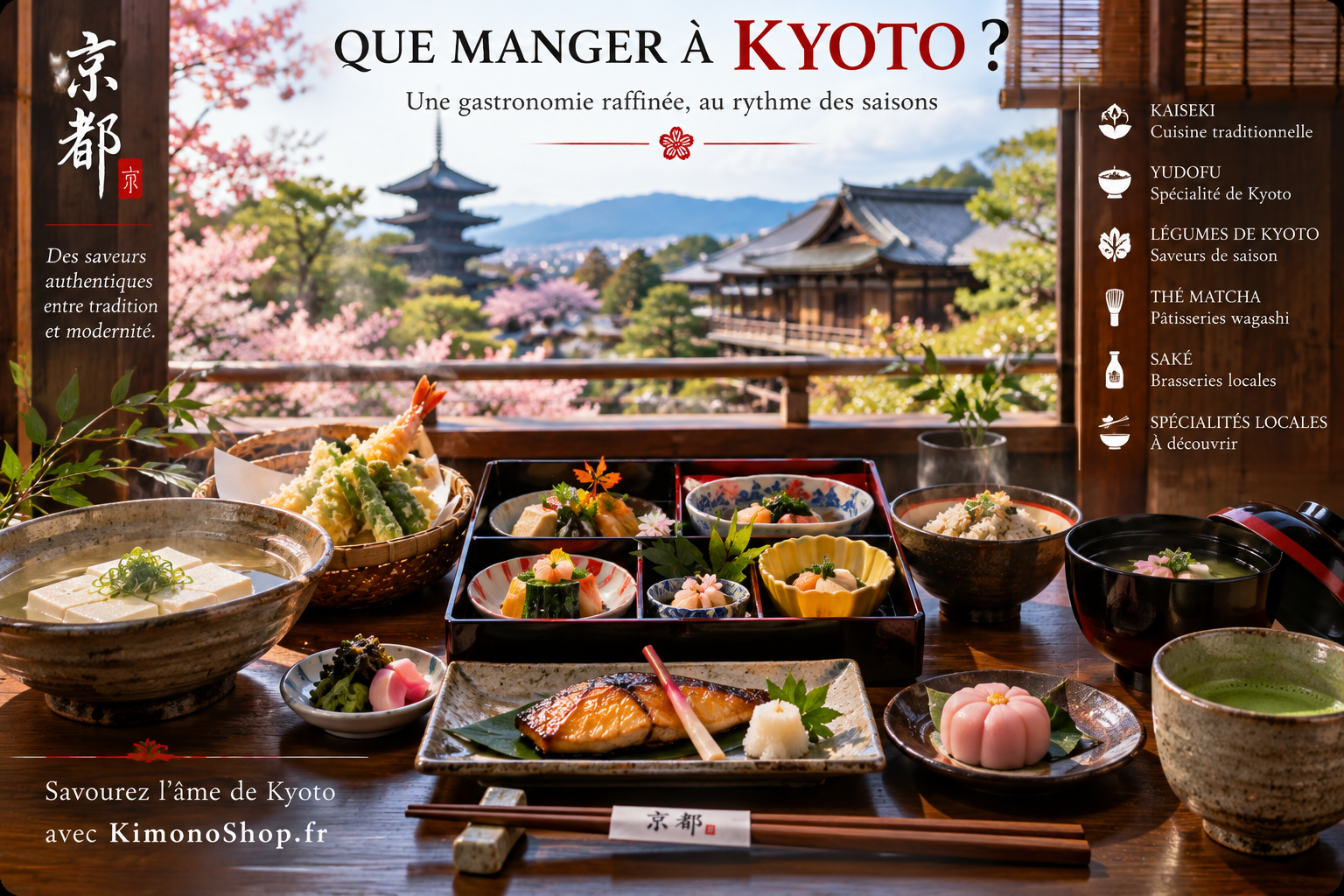 Que manger à Kyoto ? Gastronomie traditionnelle de Kyoto : kaiseki, yudofu, légumes de Kyoto, matcha et wagashi