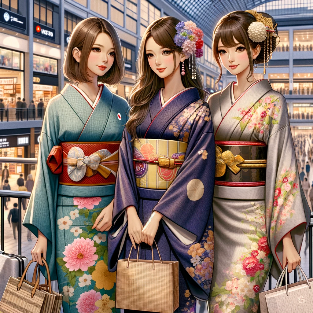 Trois jeunes femmes japonaises habillées de kimono traditionnel japonais faisant du shopping à la gare de Kyoto