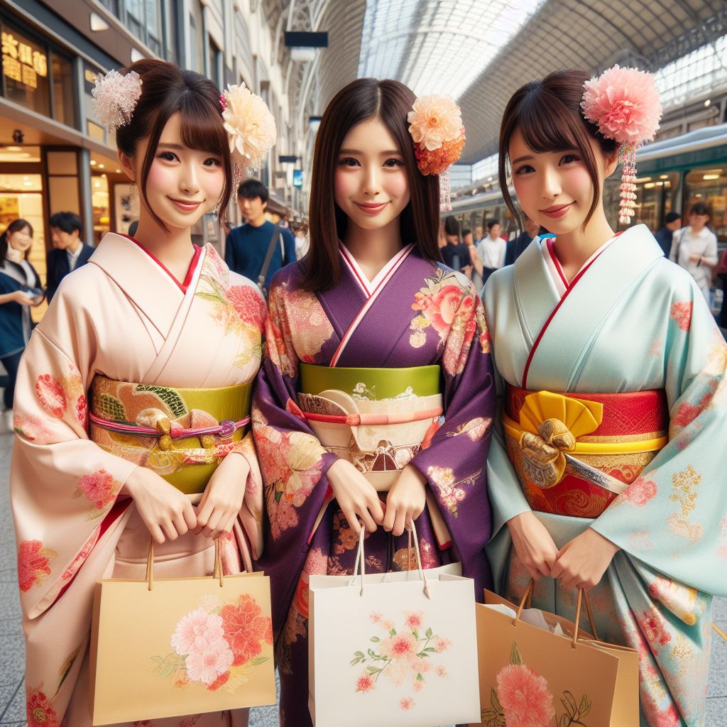 Trois jeunes femmes japonaises habillées de kimono traditionnel japonais faisant du shopping à la gare de Kyoto